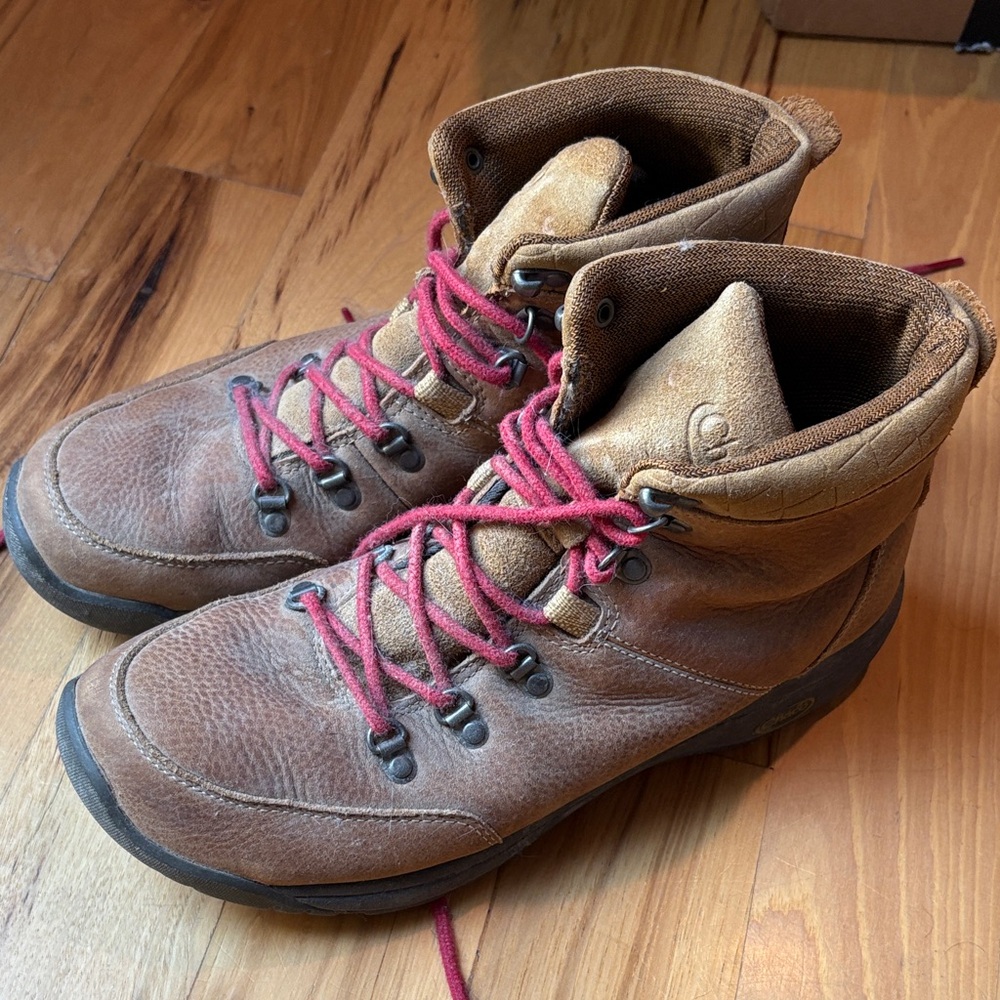 Chaco Brown Leather Hiking Boots with Red Laces